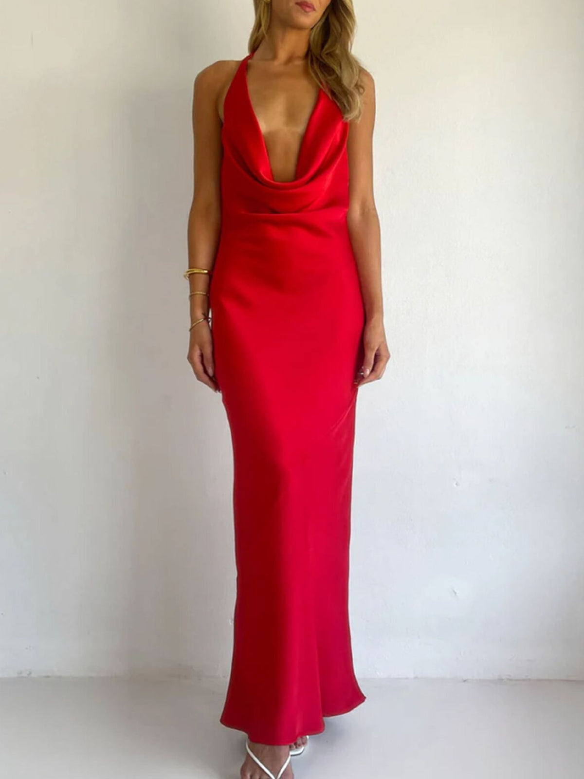 Halter Neck Ruched Satin Maxi Dress