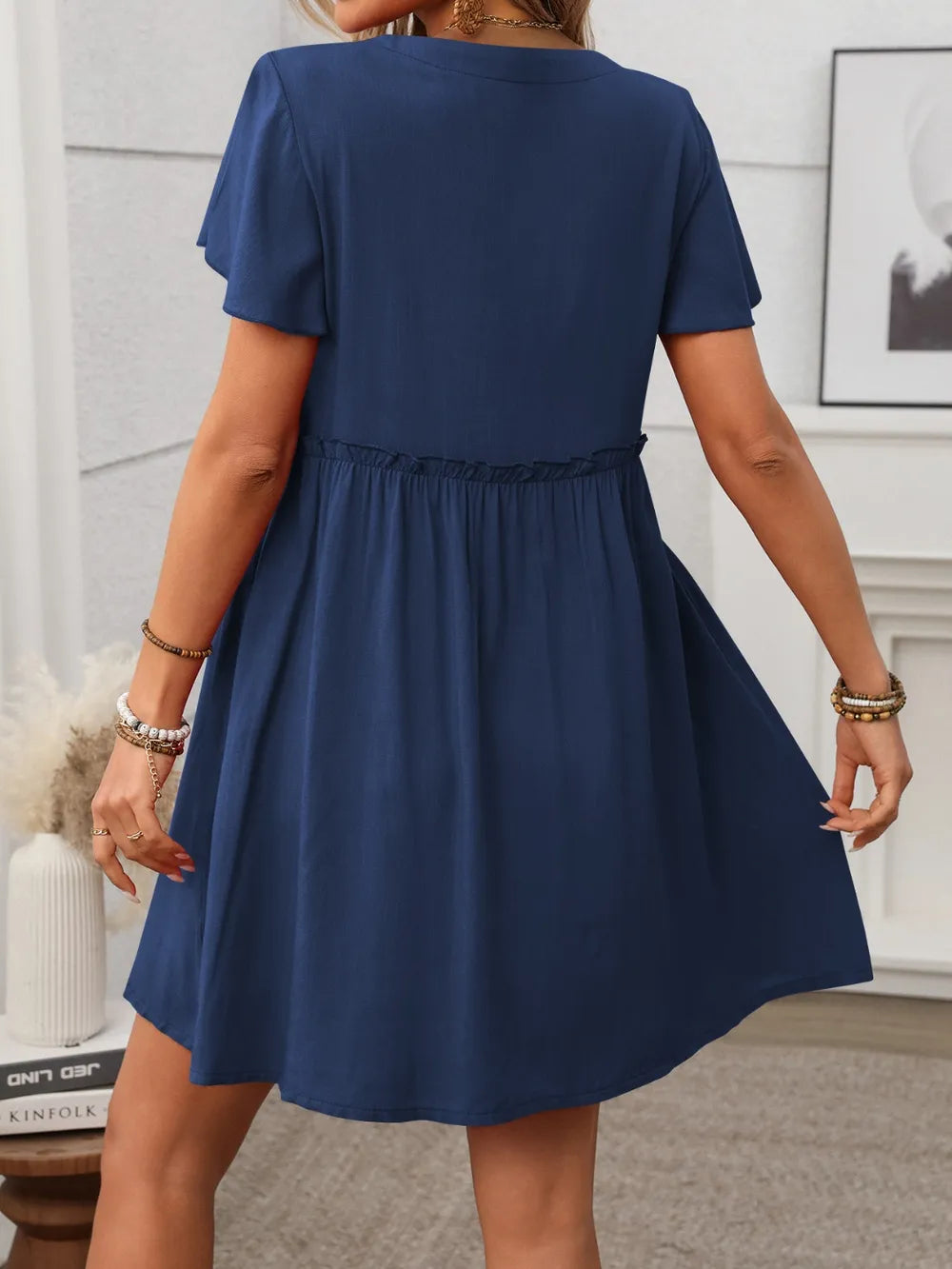 Button Front Flutter Sleeve Dress with Frill Detail