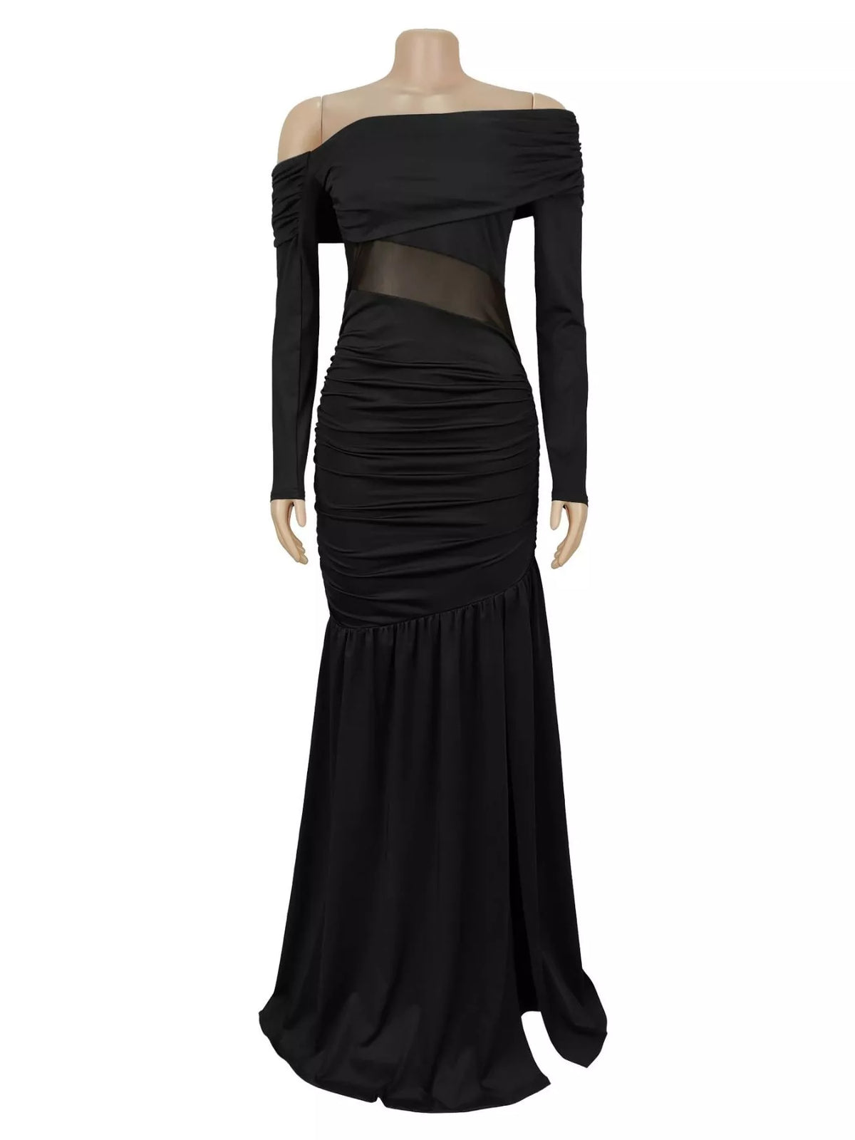 Off-Shoulder Sheer Mesh Maxi Dress with Slit