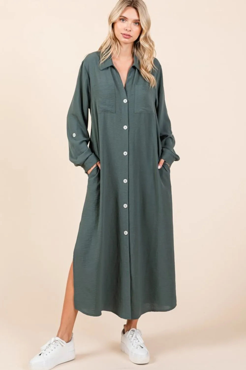 V-Neck Long Sleeve Button-Down Maxi Dress in Light Hunter in Lt Hunter by Mittoshop