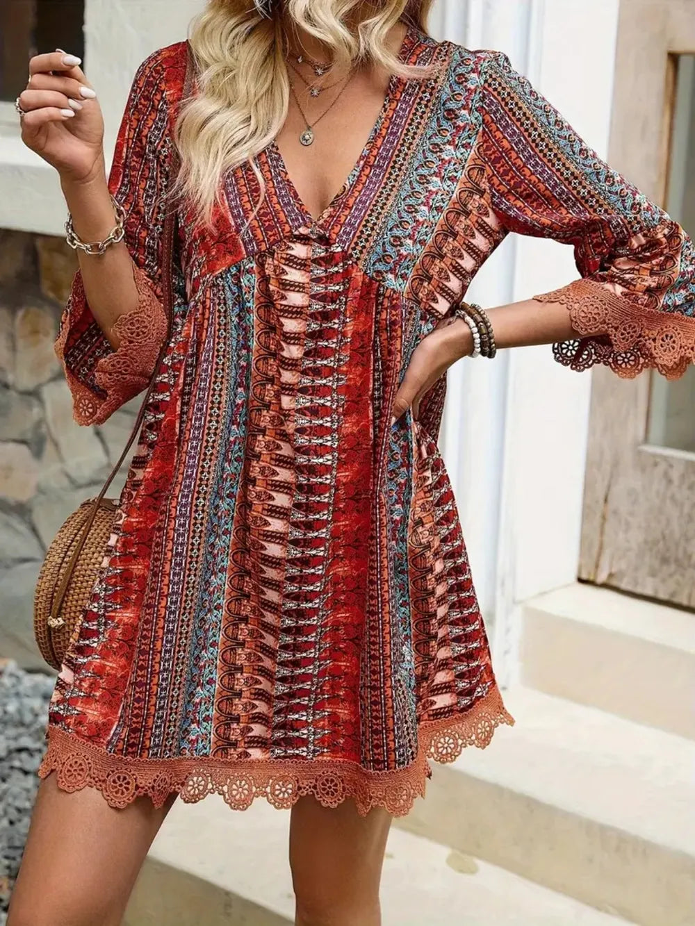 Lace-Trim Printed V-Neck Dress