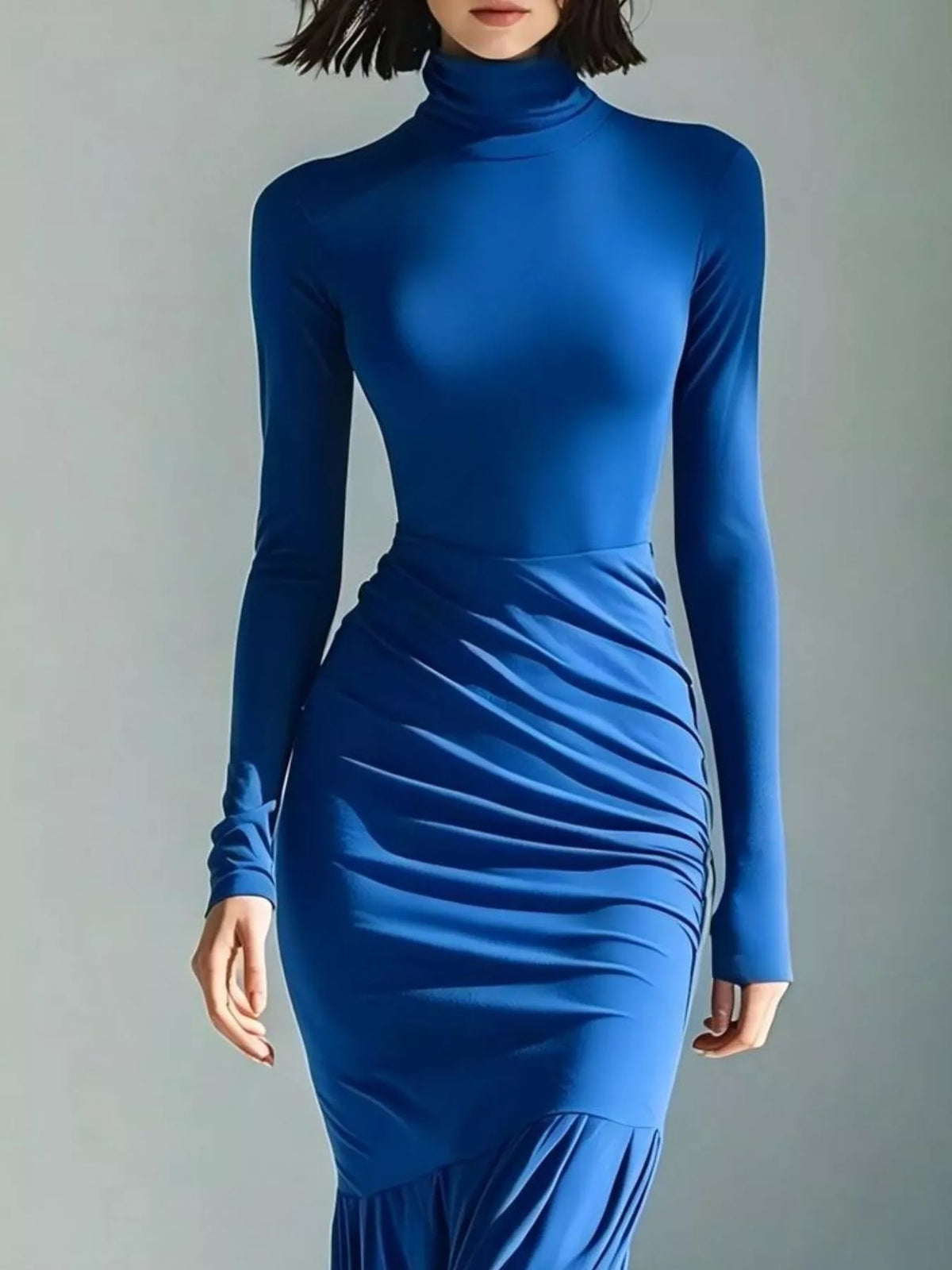 Slit Turtleneck Ruched Bodycon Mermaid Dress, Full Size