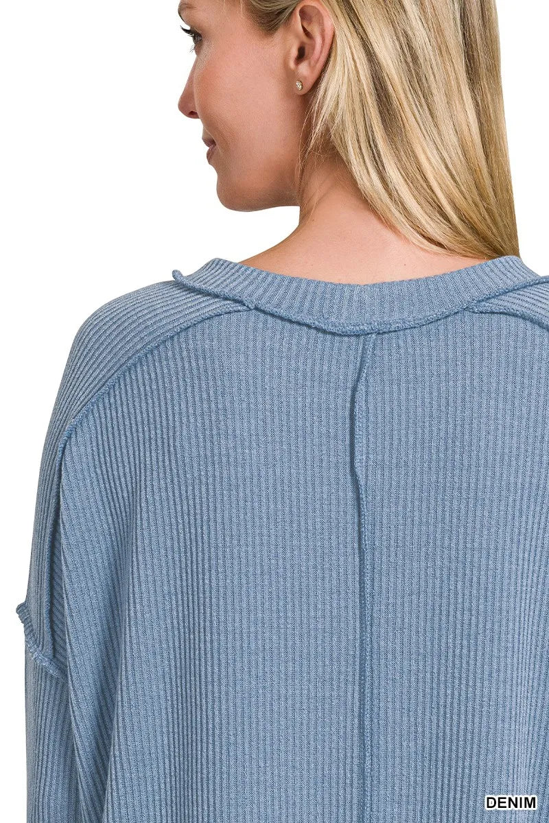 Zenana Ribbed Drop Shoulder Sweater in Denim