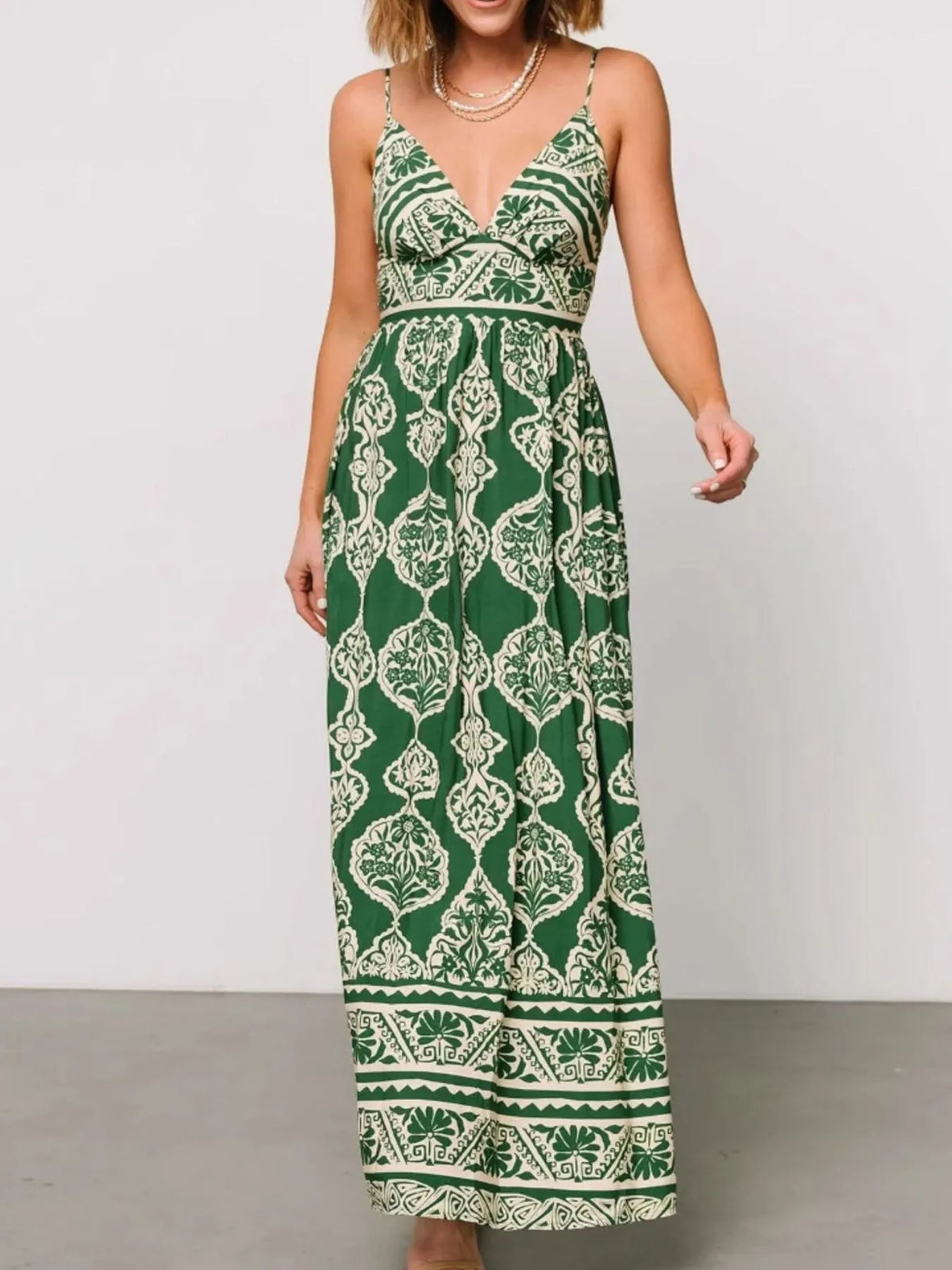 Printed V-Neck Maxi Cami Dress in Matcha Green