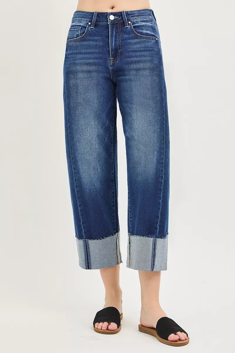 Risen Full Size Slouchy Barrel Cuffed Jeans in Dark
