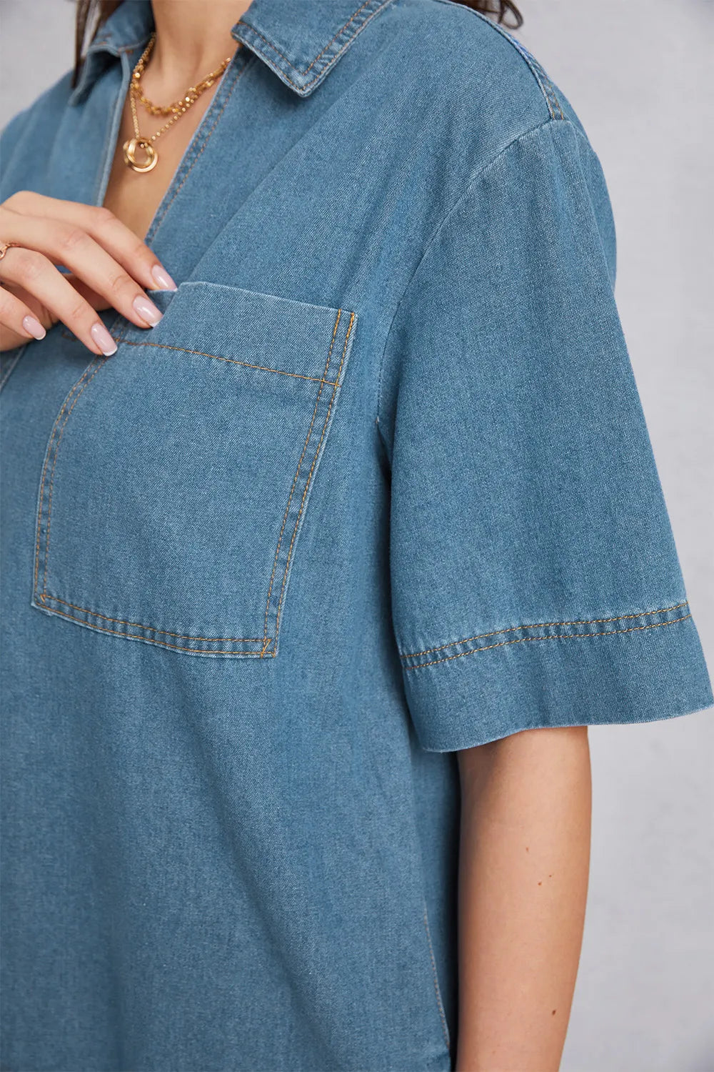 Pocketed Collared Mini Denim Dress in Medium Wash by Y.Y@Denim