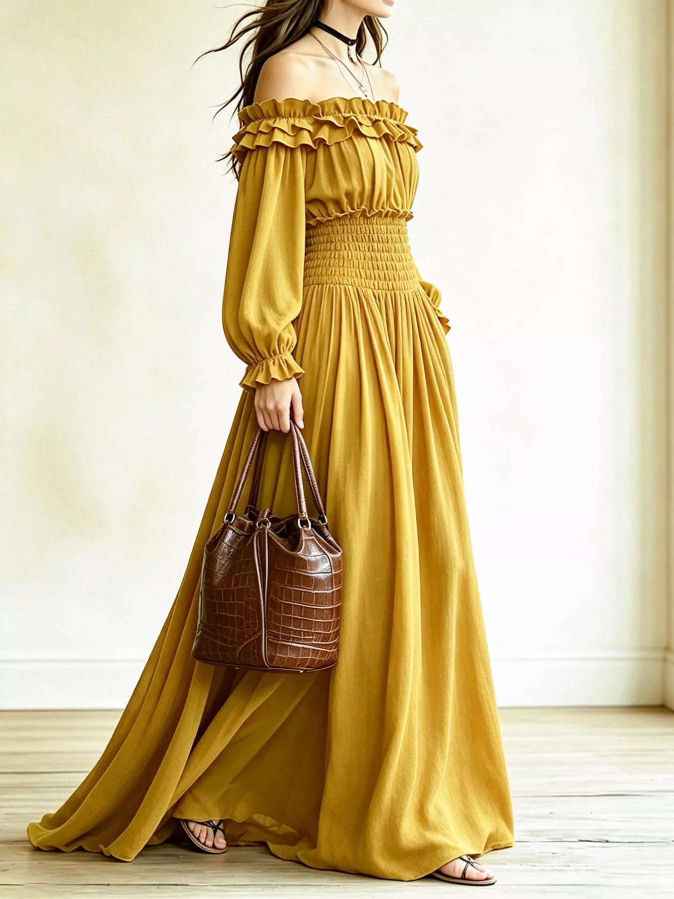 Off-Shoulder Smocked-Waist Maxi Dress
