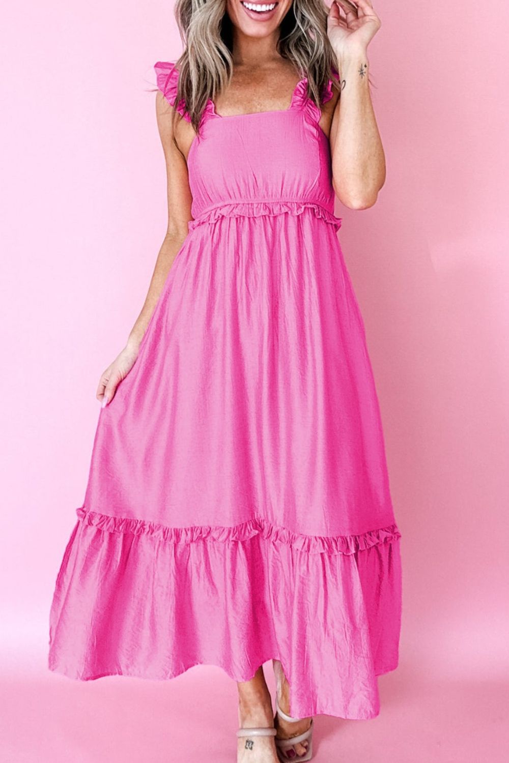 High Waist Ruffle Trim Maxi Dress in Fuchsia Pink