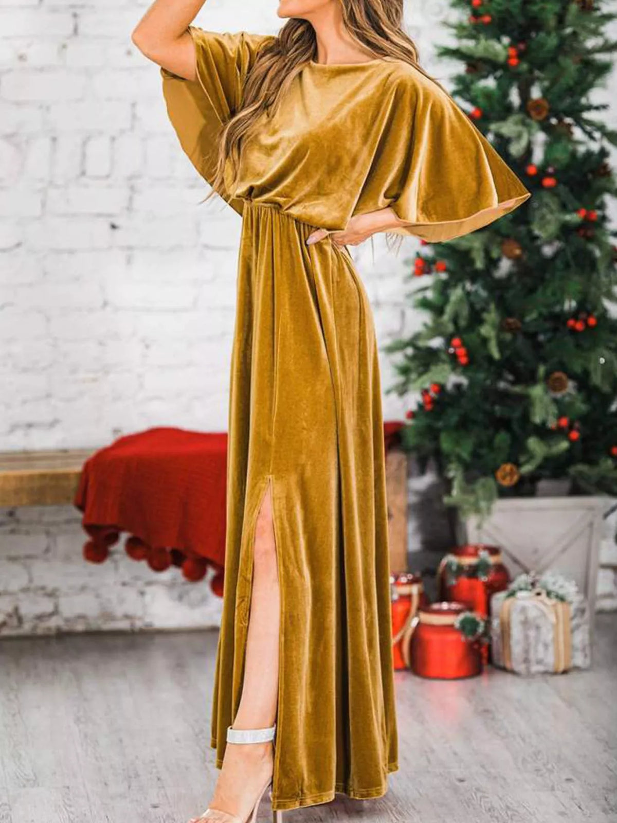 Flutter-Sleeve Velvet Maxi Dress