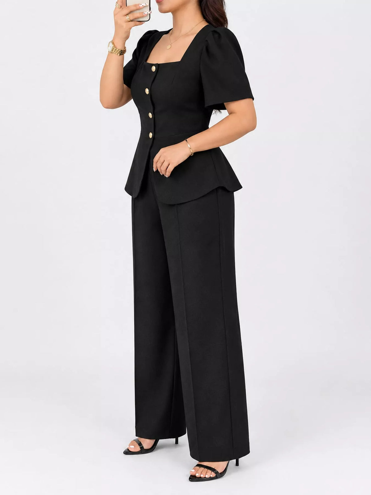 Peplum Top and Wide-Leg Pants Two-Piece Set