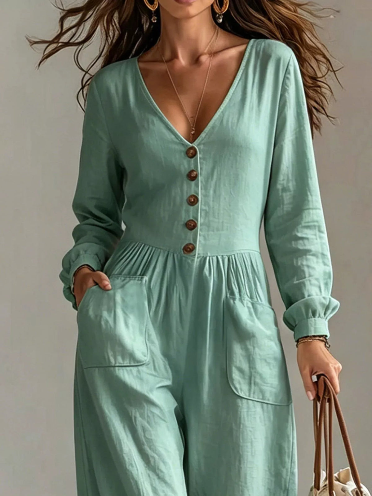 V-Neck Long-Sleeve Button-Down Wide-Leg Jumpsuit