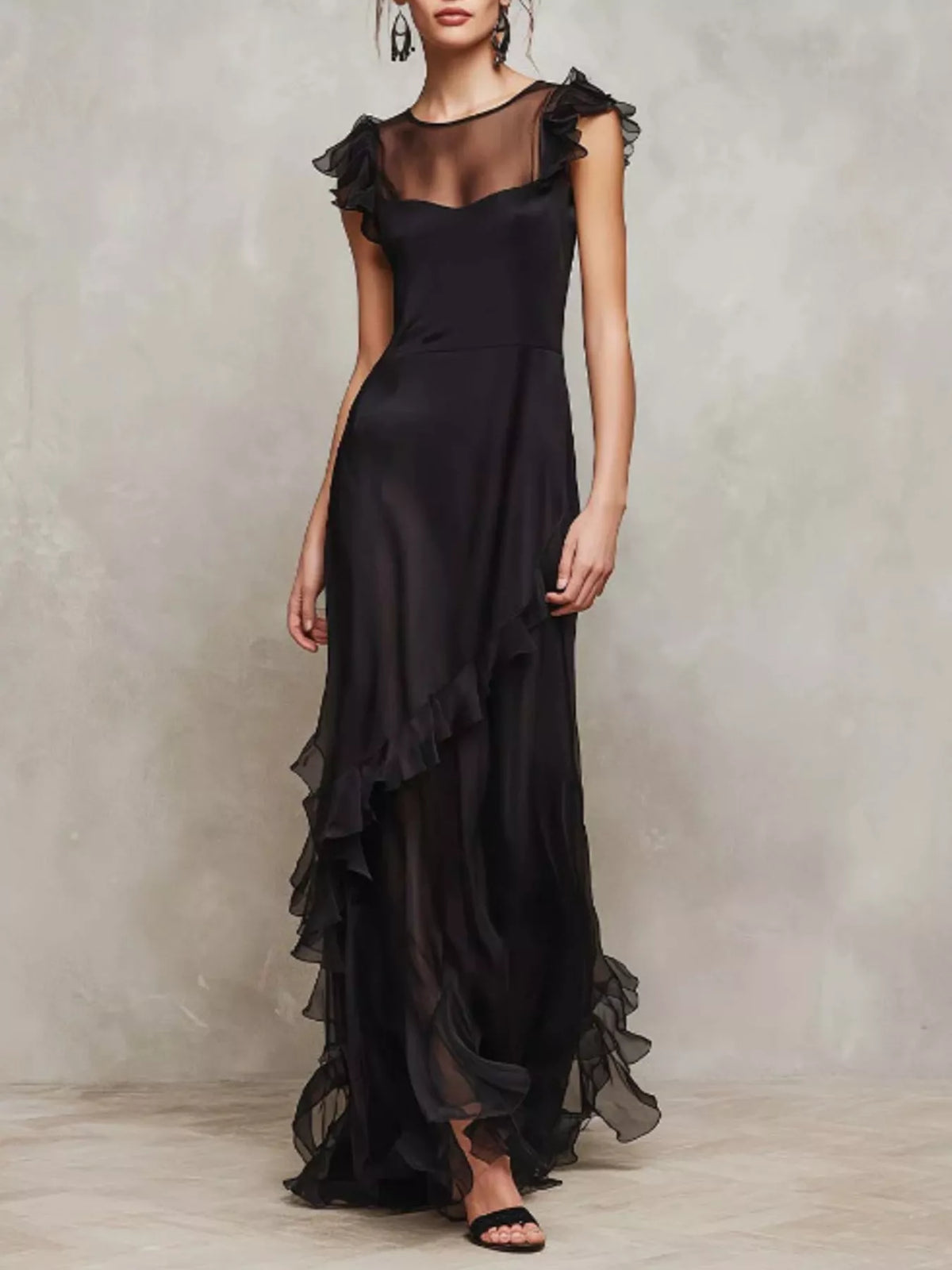 Sheer Ruffle Trim Maxi Dress in Black
