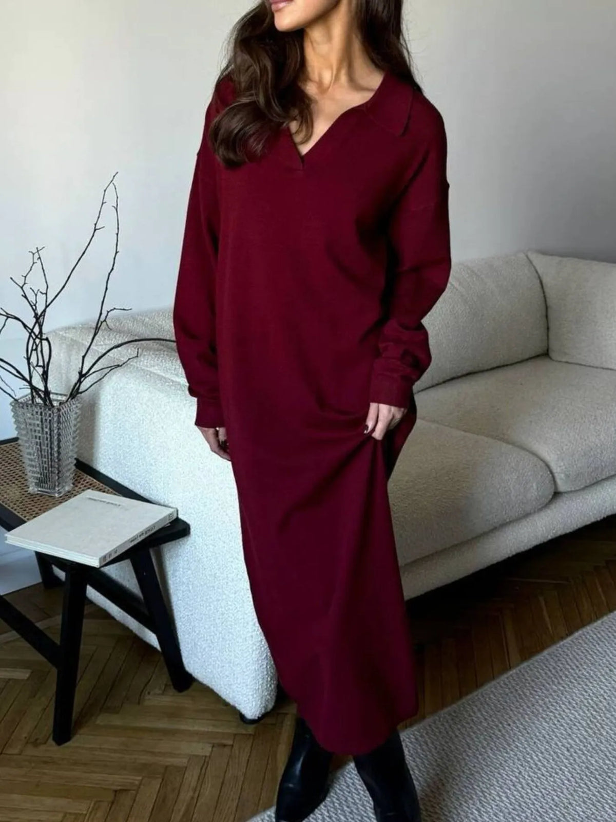 Collared Long Sleeve Knit Dress with Buttons