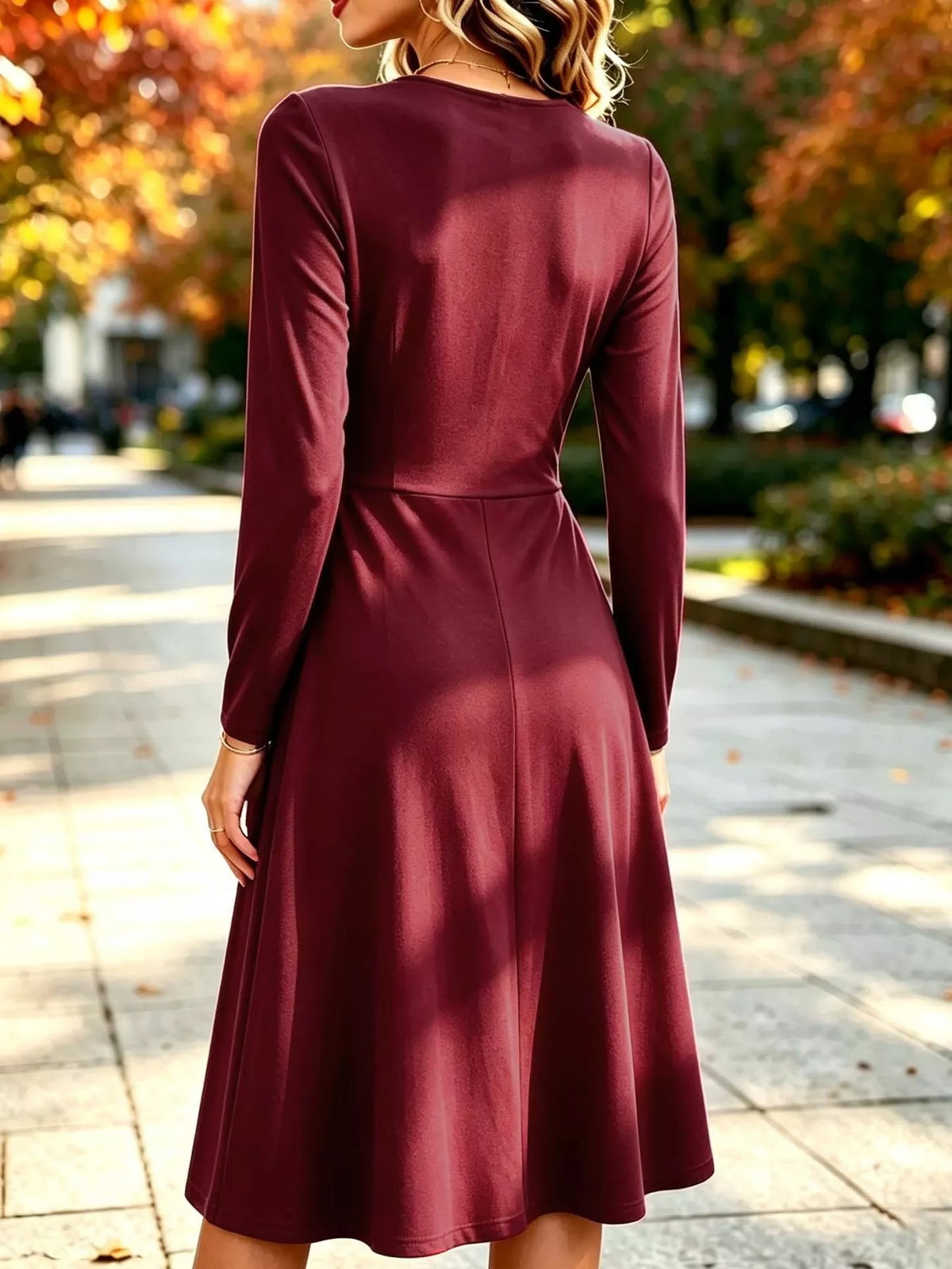 Ruched Long-Sleeve Midi Dress