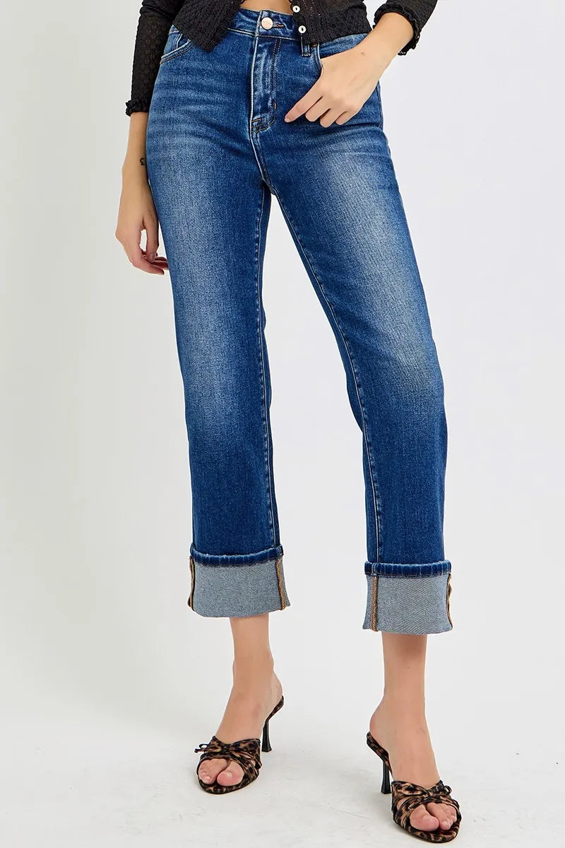 Risen High Rise Ankle Straight Jeans in Dark Wash