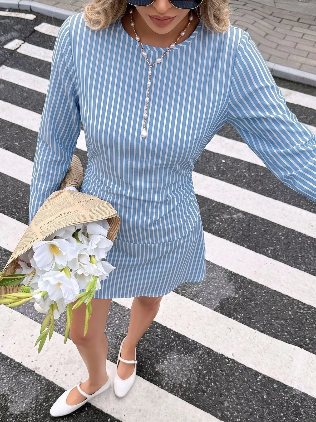 Striped Ruched Mini Dress in Blue