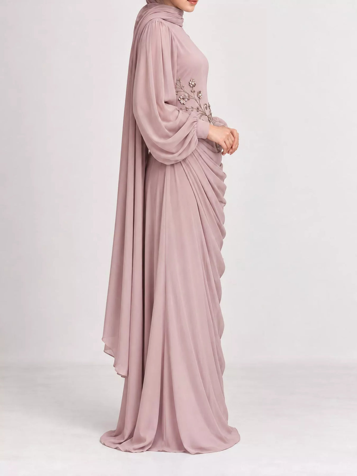 Long-Sleeve Rhinestone Ruched Maxi Evening Dress