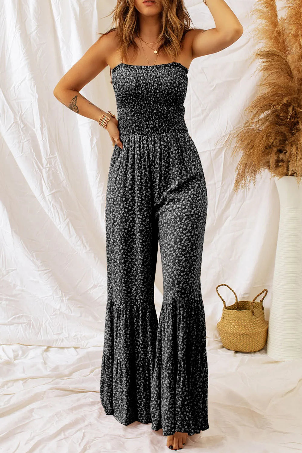 Floral Spaghetti Strap Wide Leg Jumpsuit in Black