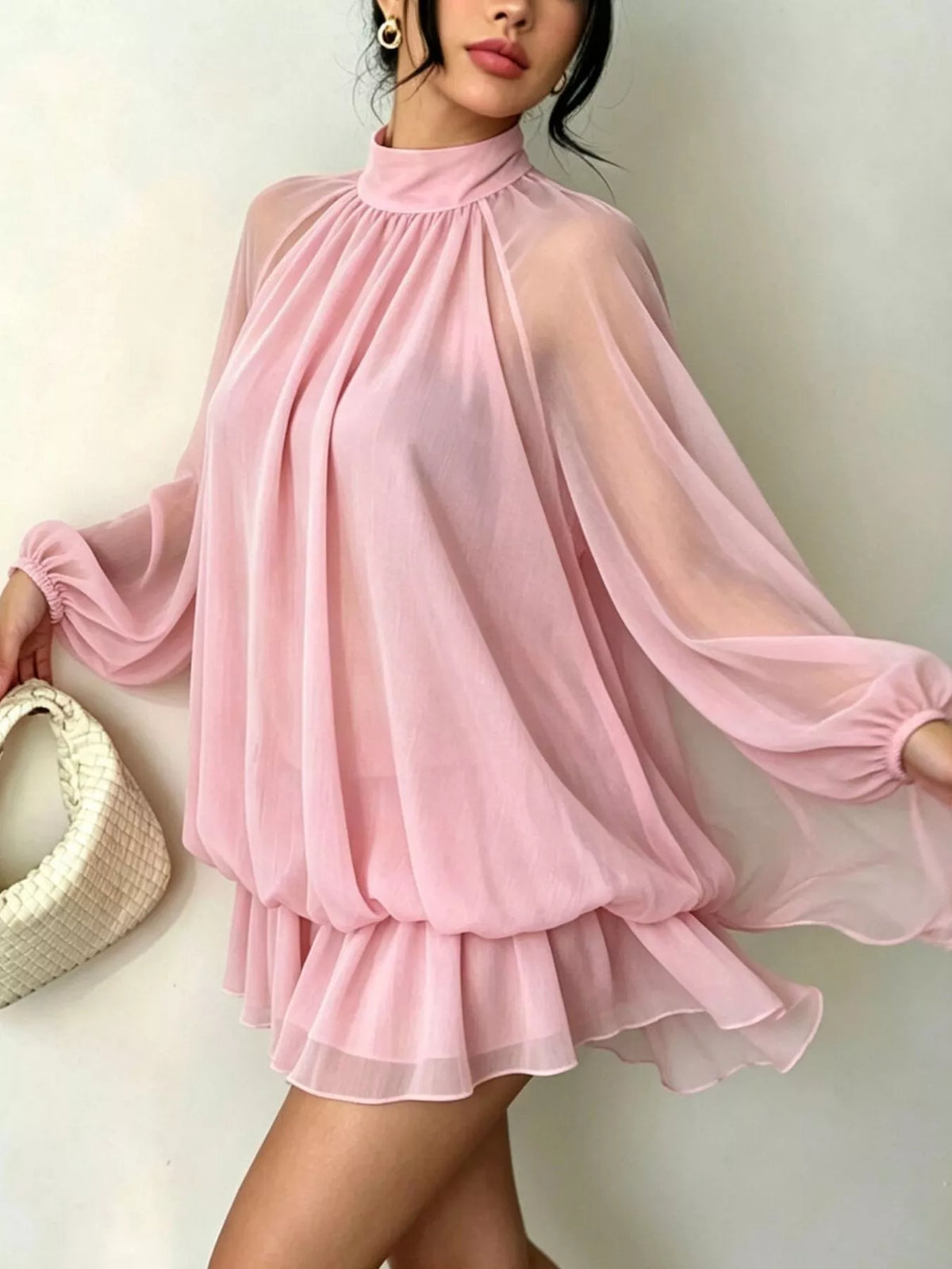 Mock Neck Sheer Chiffon Mini Dress