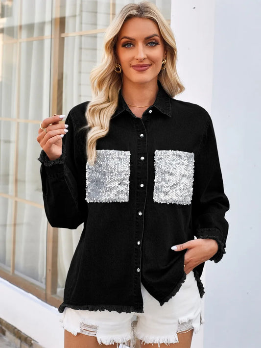 Raw Hem Denim Jacket with Sequin Pockets by Manny