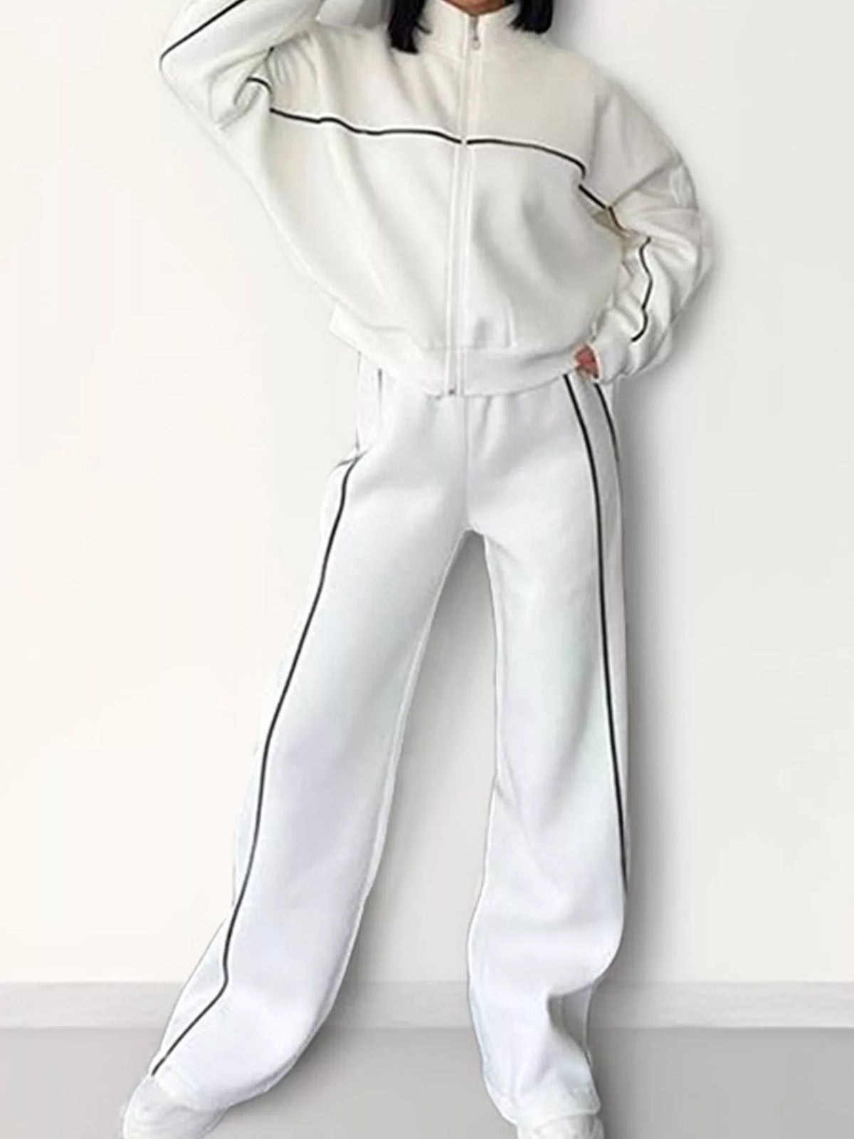 Zip-Up Jacket and Wide-Leg Pants Set in Black