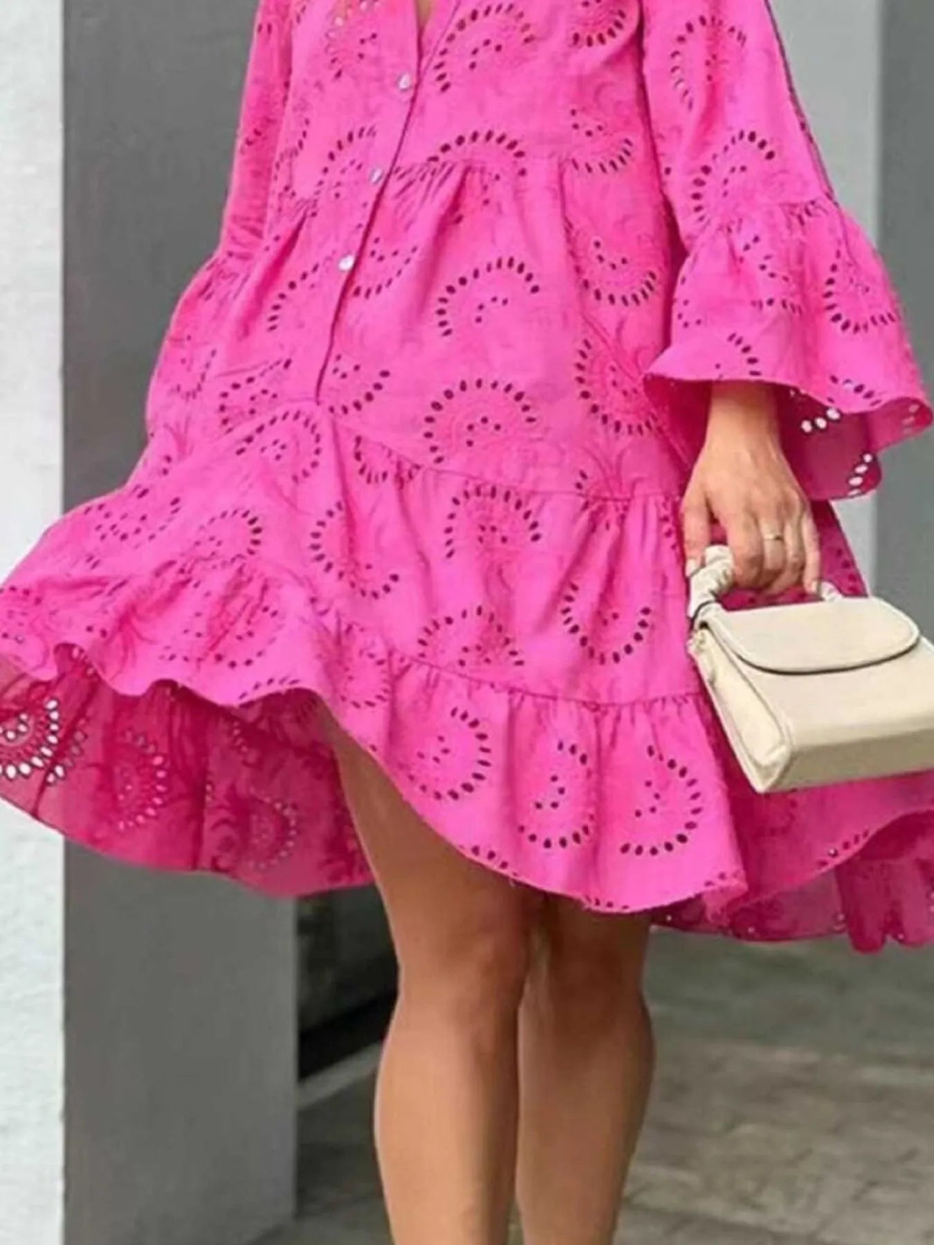 Eyelet V-Neck Tiered Ruffle Dress