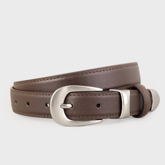 Ilussa Classic Leather Belt with Silver Buckle — Coffee A