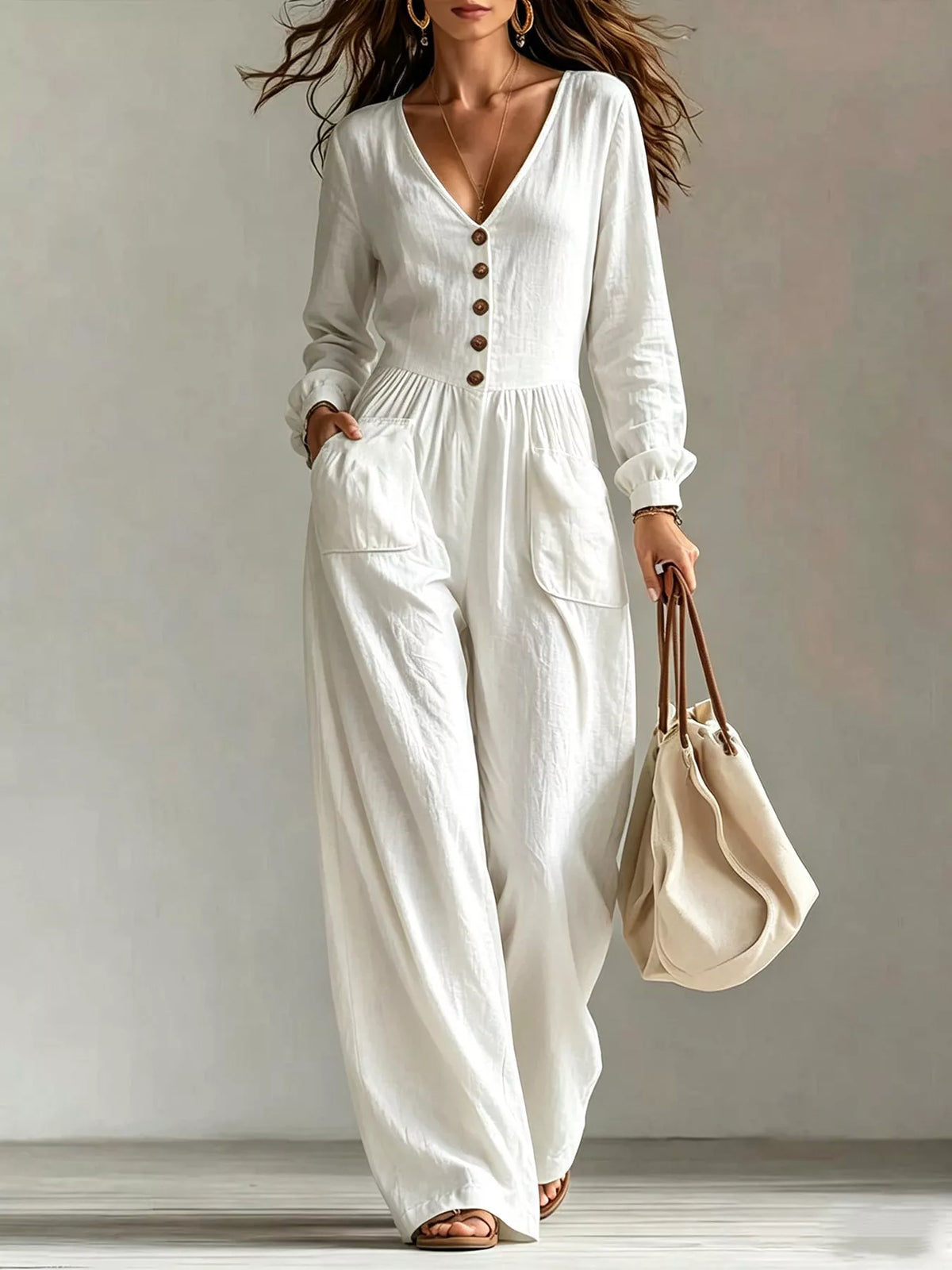 V-Neck Long-Sleeve Button-Down Wide-Leg Jumpsuit