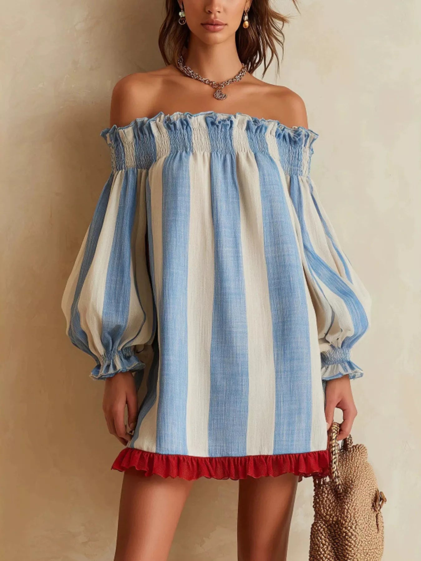 Striped Off-Shoulder Ruffle-Hem Mini Dress in Sky Blue