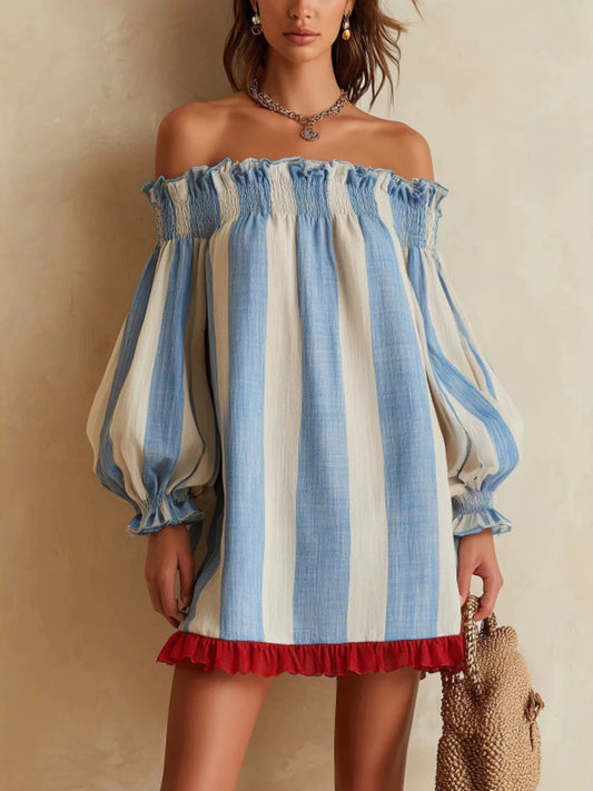 Striped Off-Shoulder Ruffle-Hem Mini Dress in Sky Blue