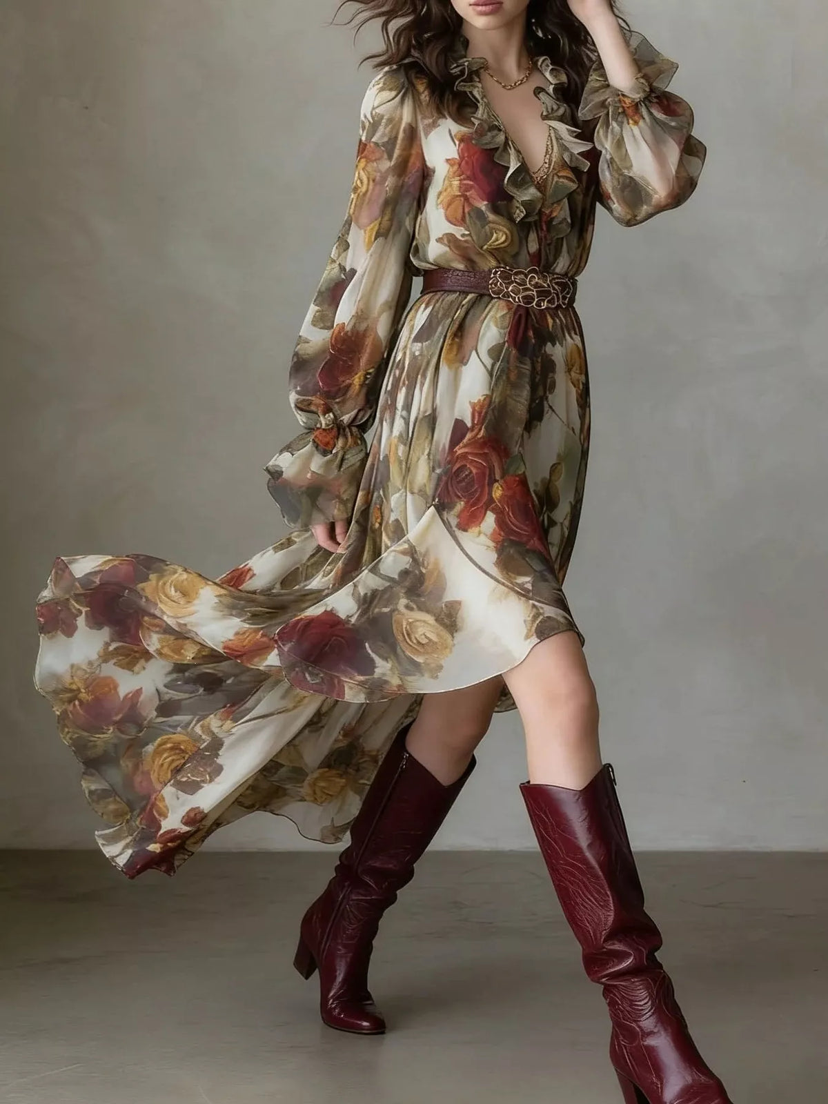 Belted Ruffle-Trim High-Low Maxi Dress in Floral