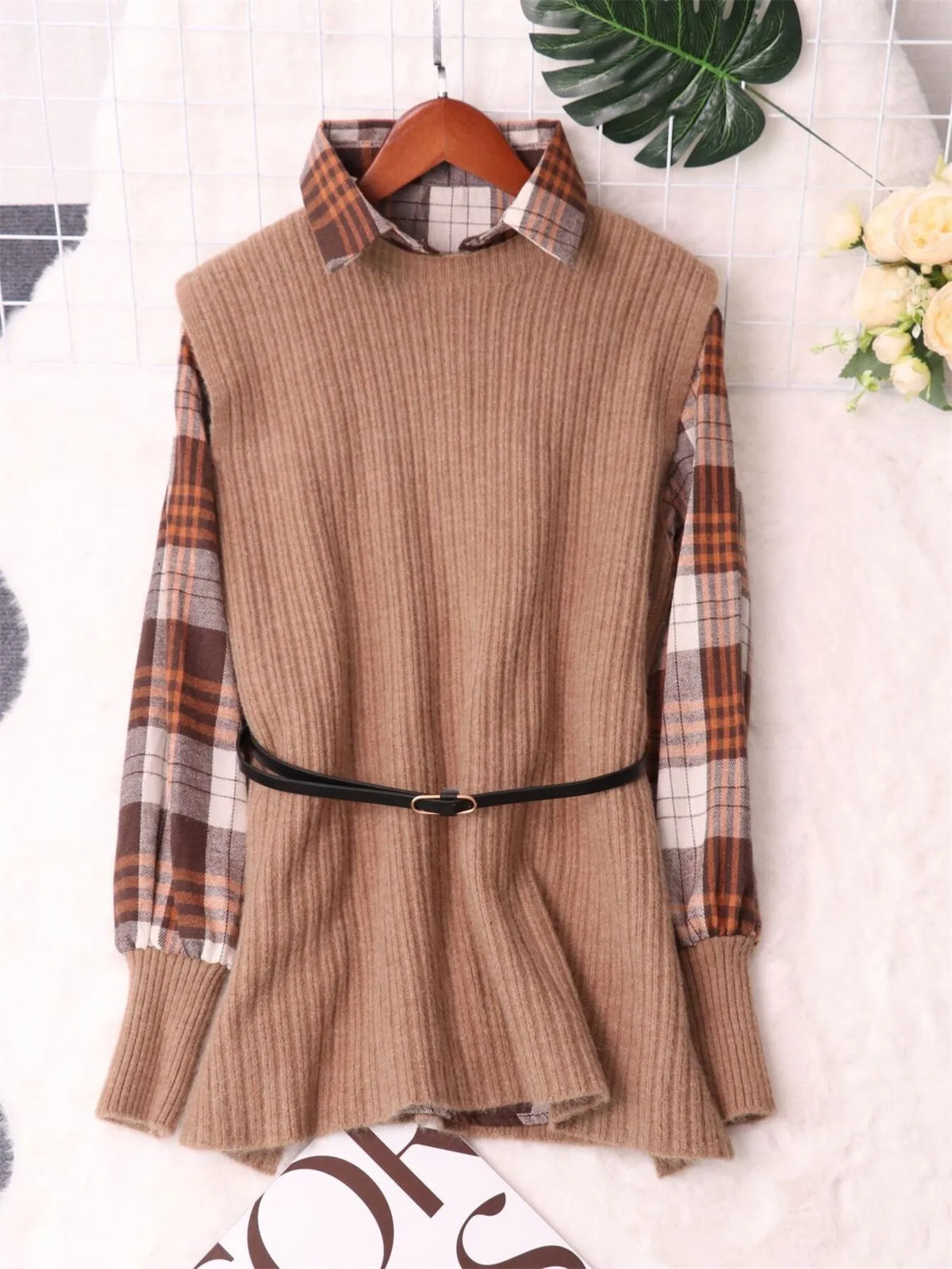 Plaid Long Sleeve Belted Sweater Dress