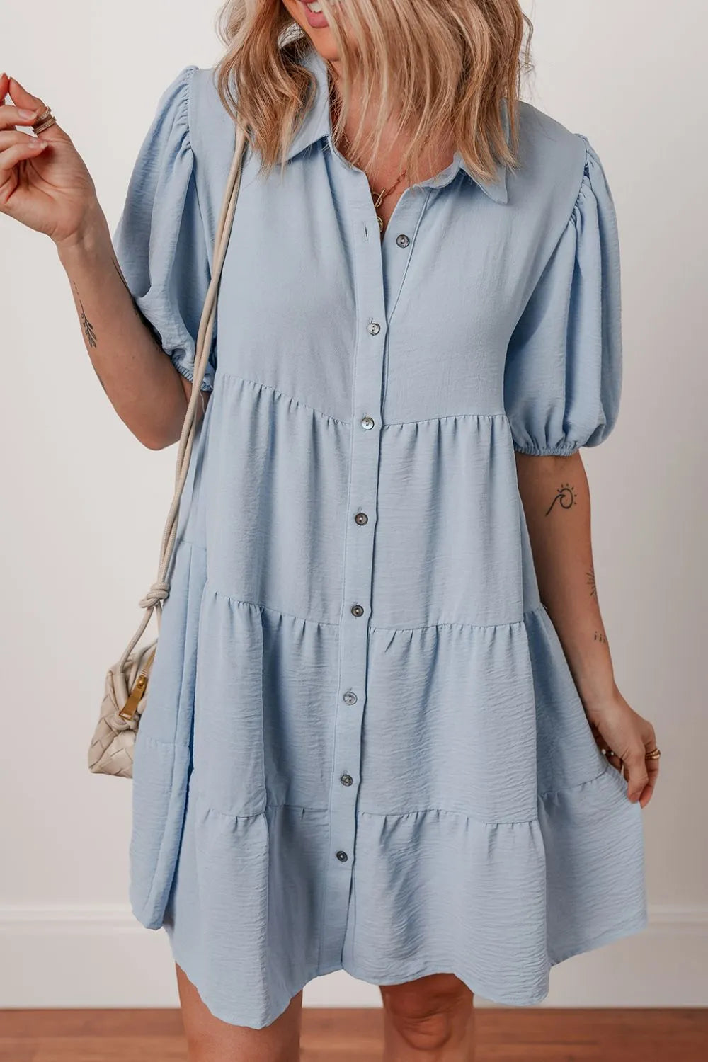 Button-Up Tiered Shirt Dress in Light Blue