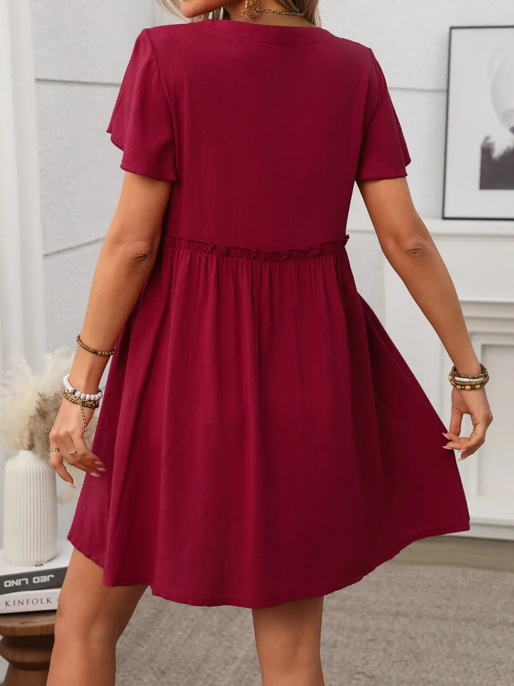 Button Front Flutter Sleeve Dress with Frill Detail