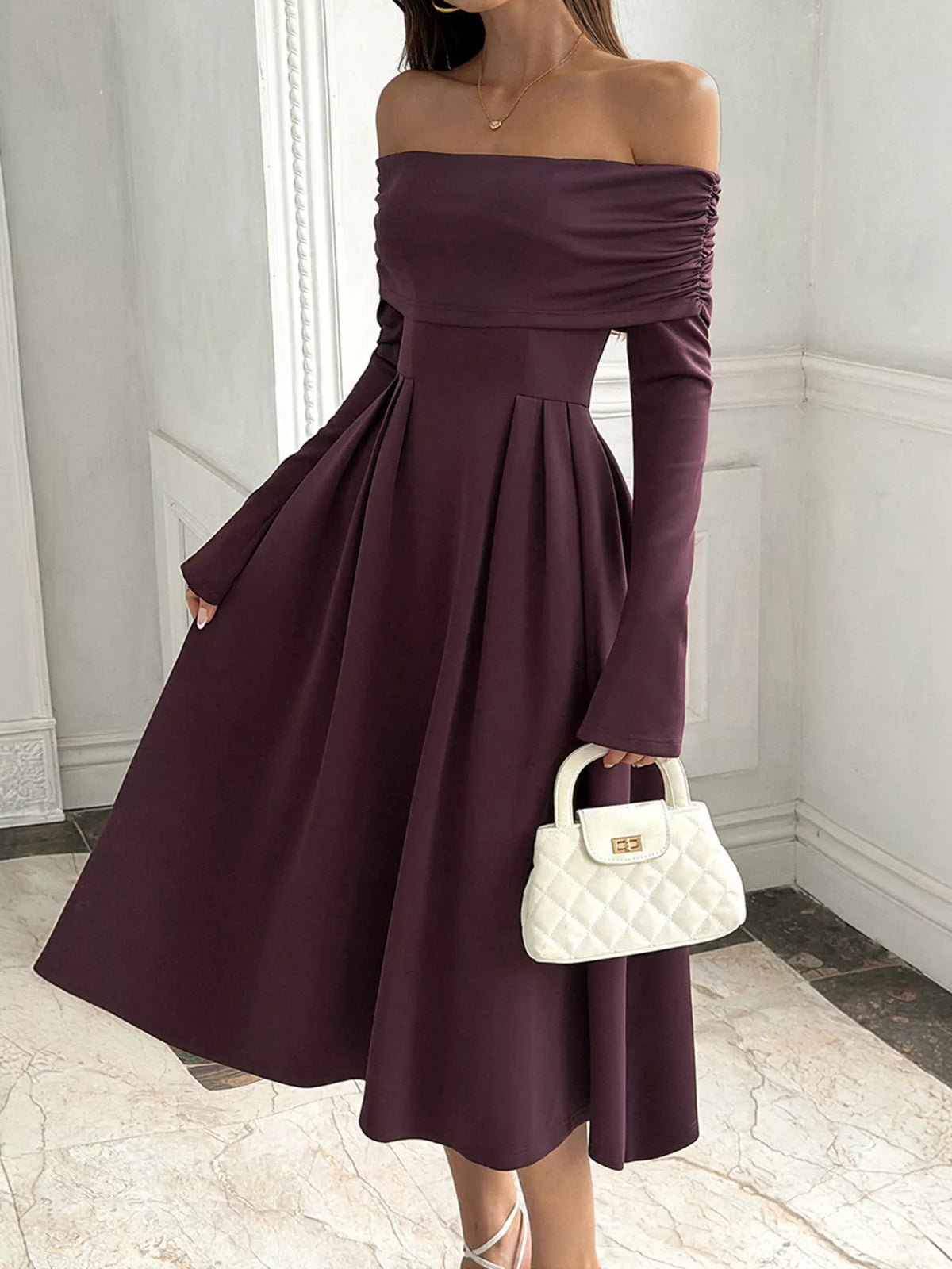 Off-Shoulder Long Sleeve Midi Dress in Coffee Brown