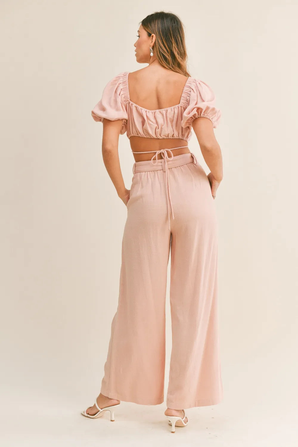 Cutout Drawstring Top and Belted Pants Set in Dusty Pink