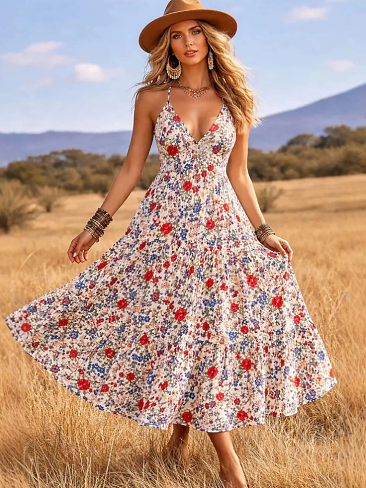 Floral Print V-Neck Tiered Midi Dress