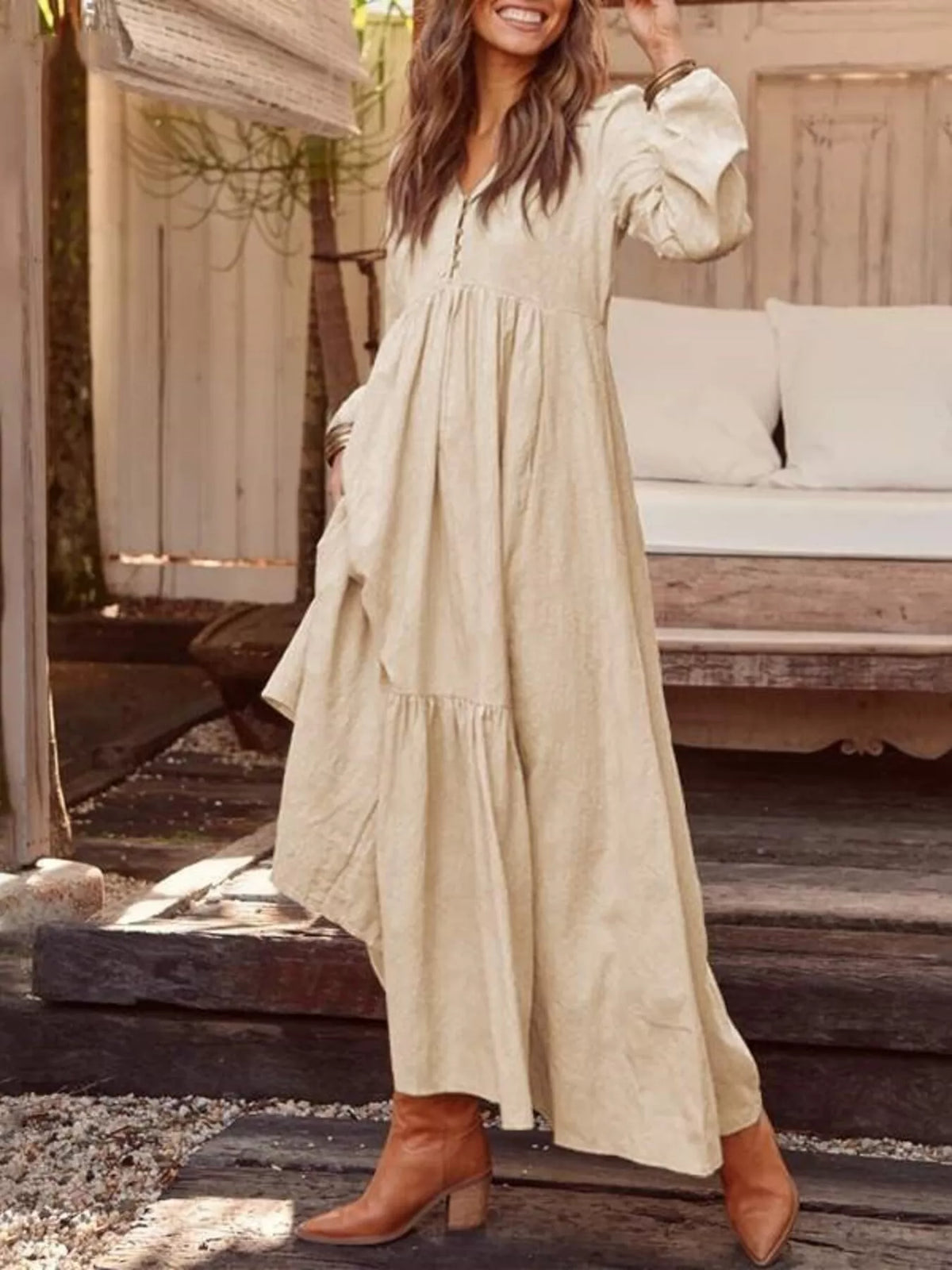 V-Neck Long Sleeve Tiered Maxi Dress with Pockets