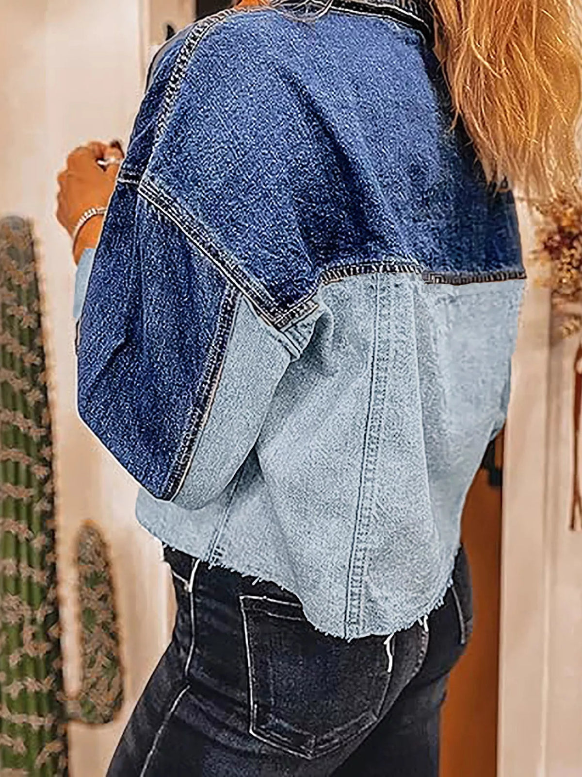 Raw Hem Two-Tone Denim Jacket in Blue