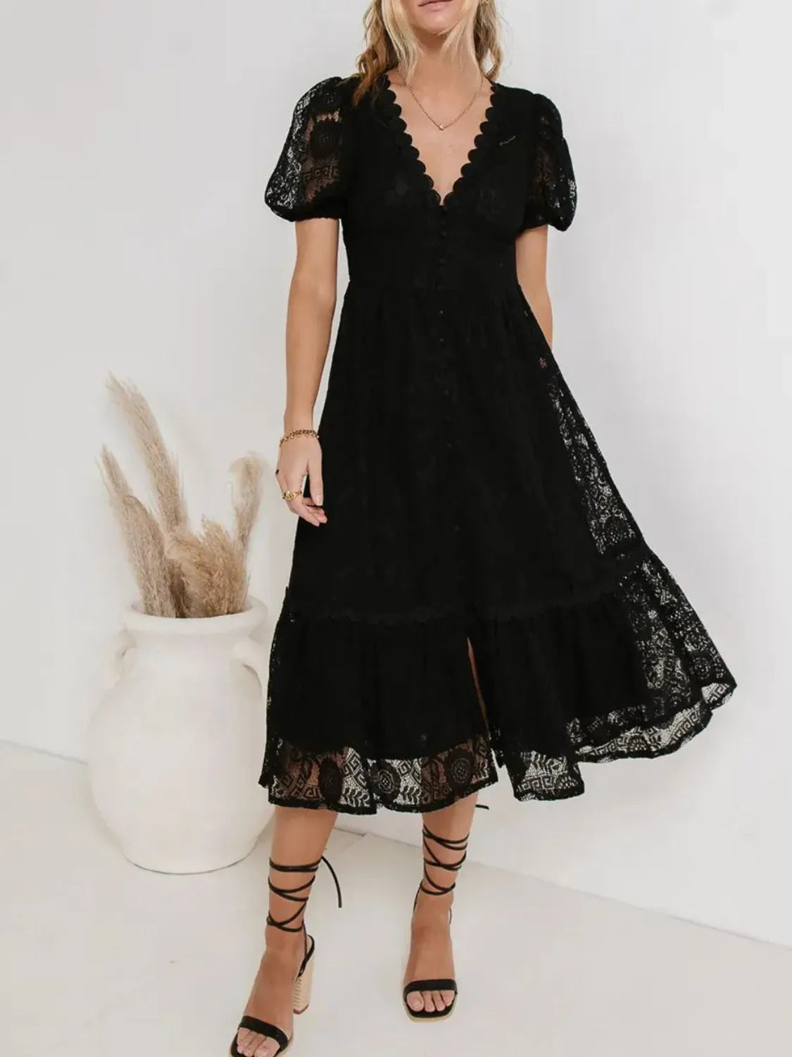Lace V-Neck Short Sleeve Dress in Dusty Pink