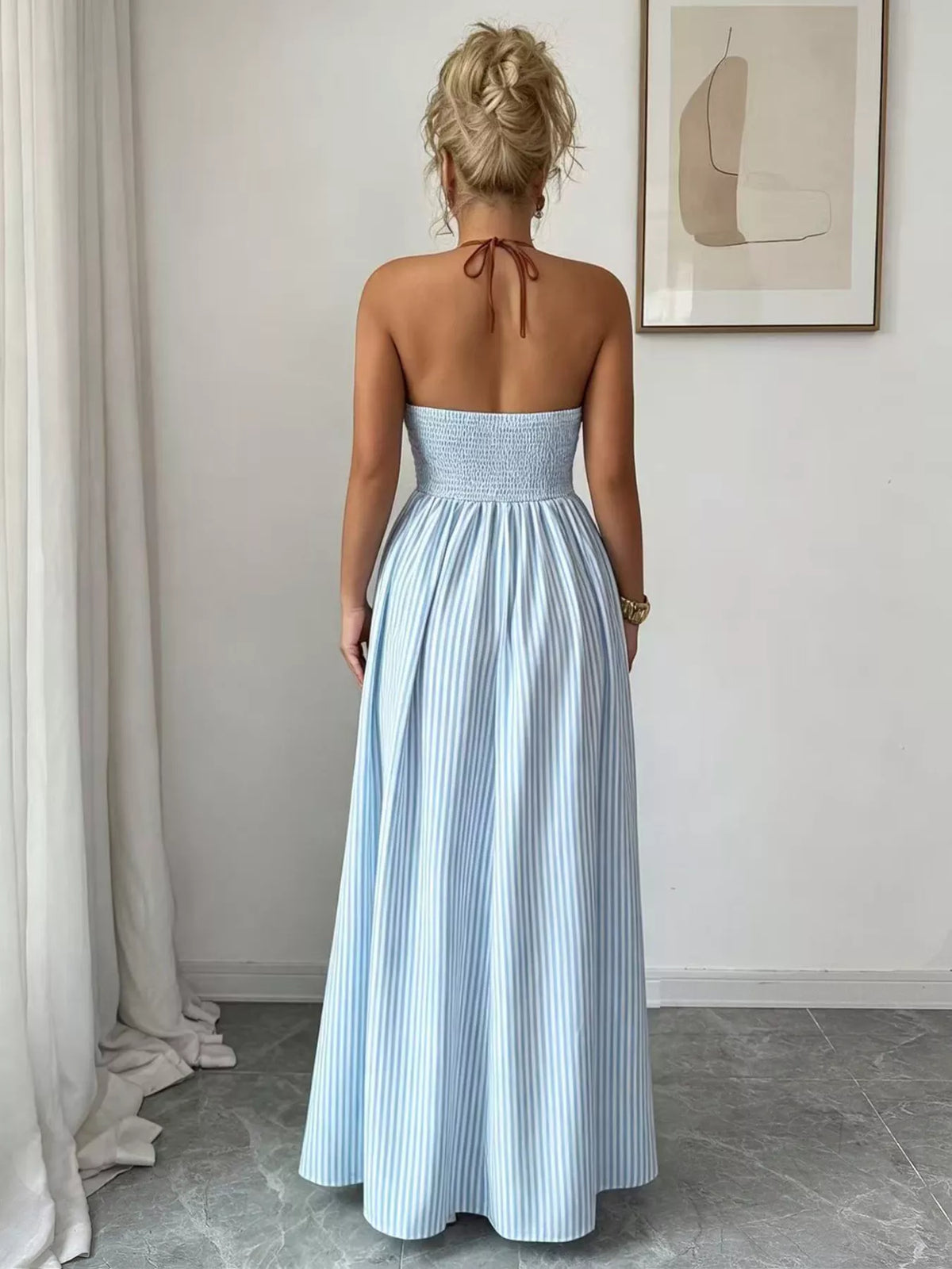 Striped Smocked Halter Neck Maxi Dress