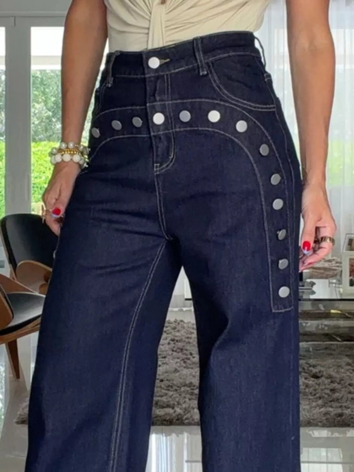 High-Waisted Button-Detail Wide Leg Jeans in Dark Blue