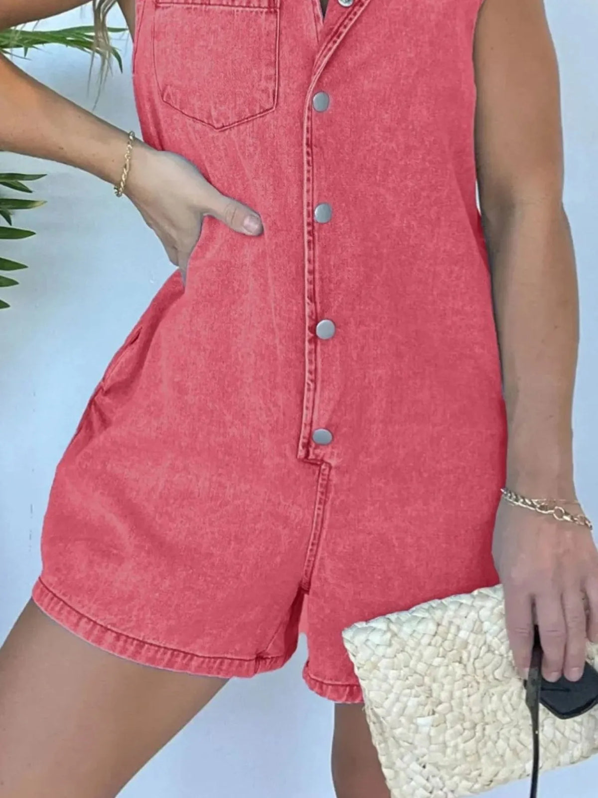 Button-Front Sleeveless Denim Romper