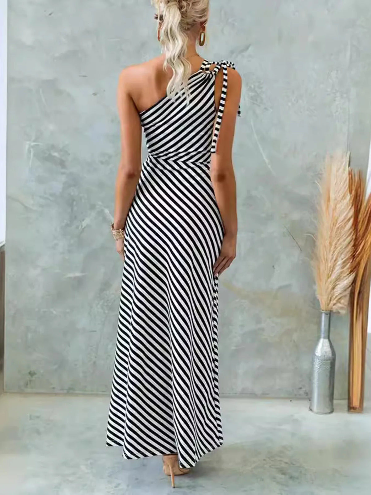 One Shoulder Striped Maxi Dress in Black
