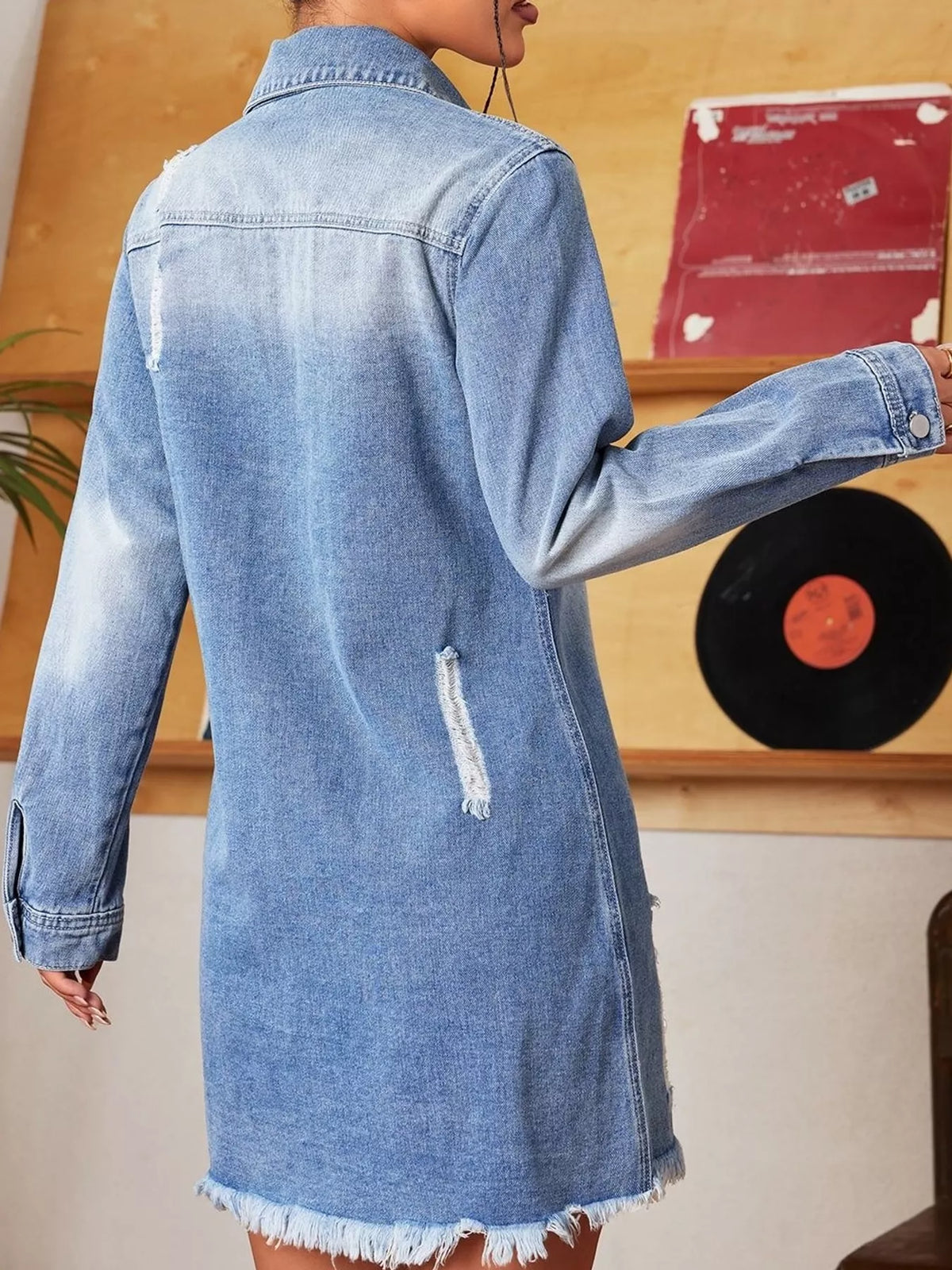 Distressed Longline Denim Jacket in Light Blue