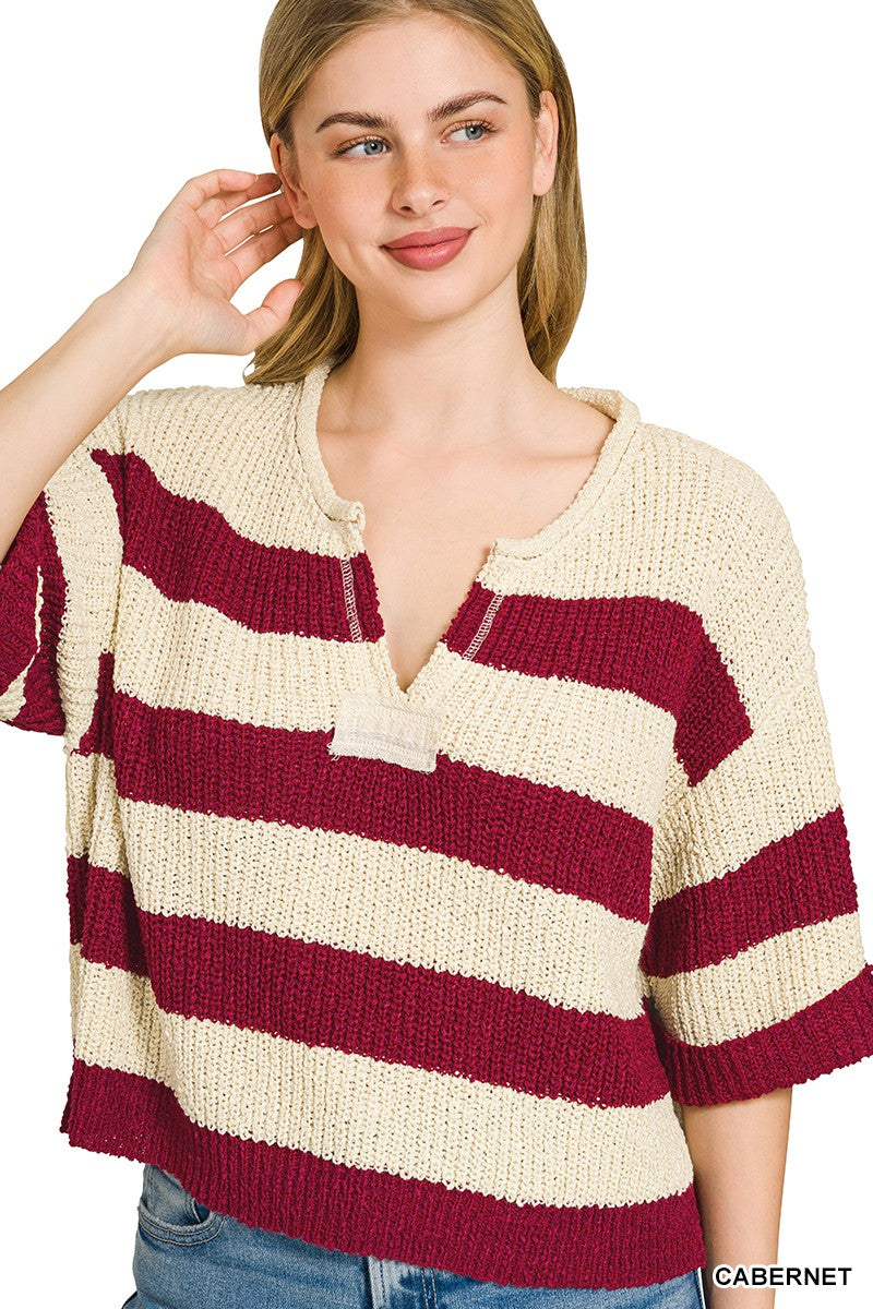 Zenana Split Neck Striped Sweater in Cabernet