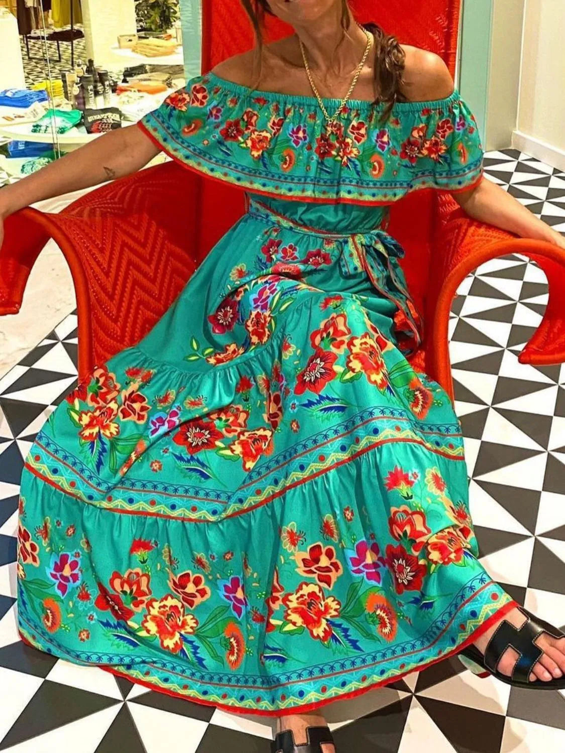 Floral Off-Shoulder Ruffle Maxi Dress