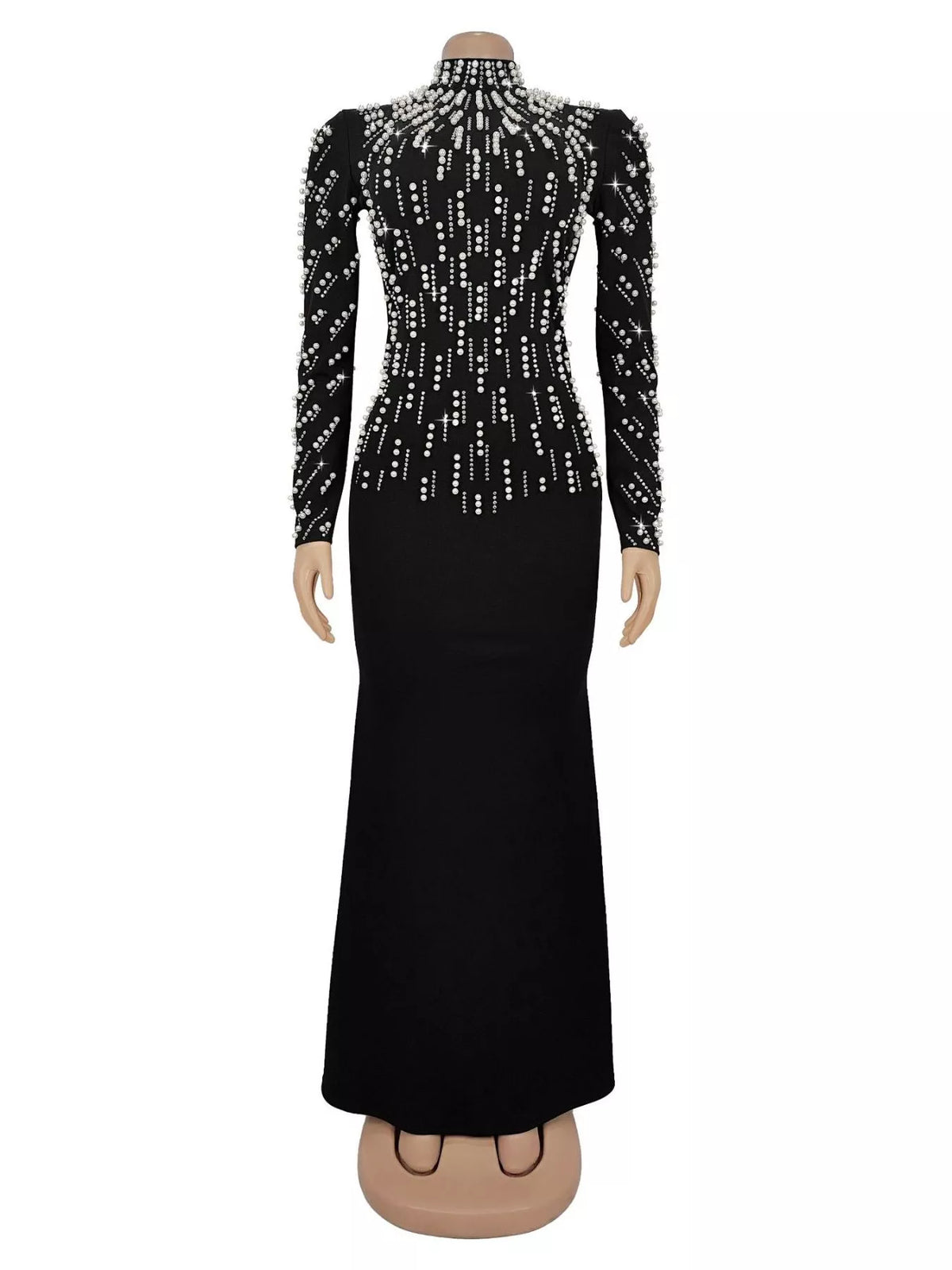 Pearl Detail Mock Neck Maxi Dress in Black
