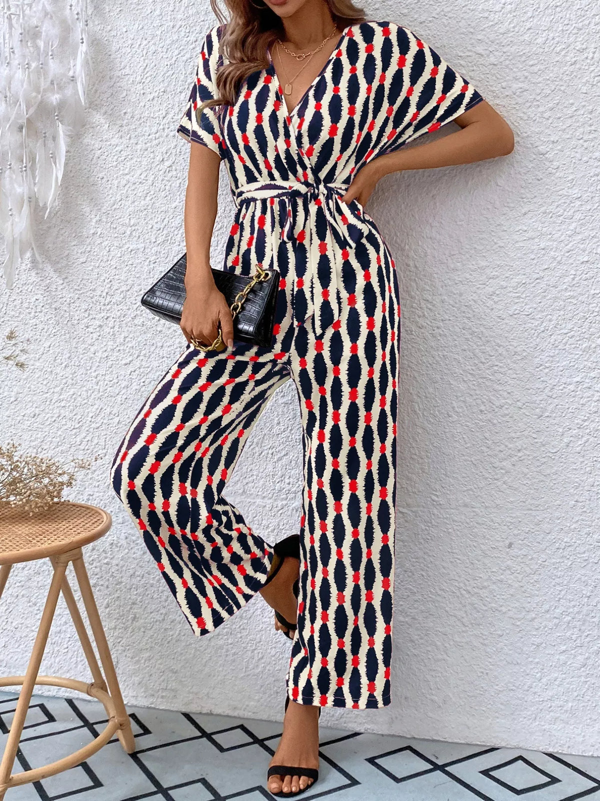 Surplice Tie Waist Short Sleeve Jumpsuit