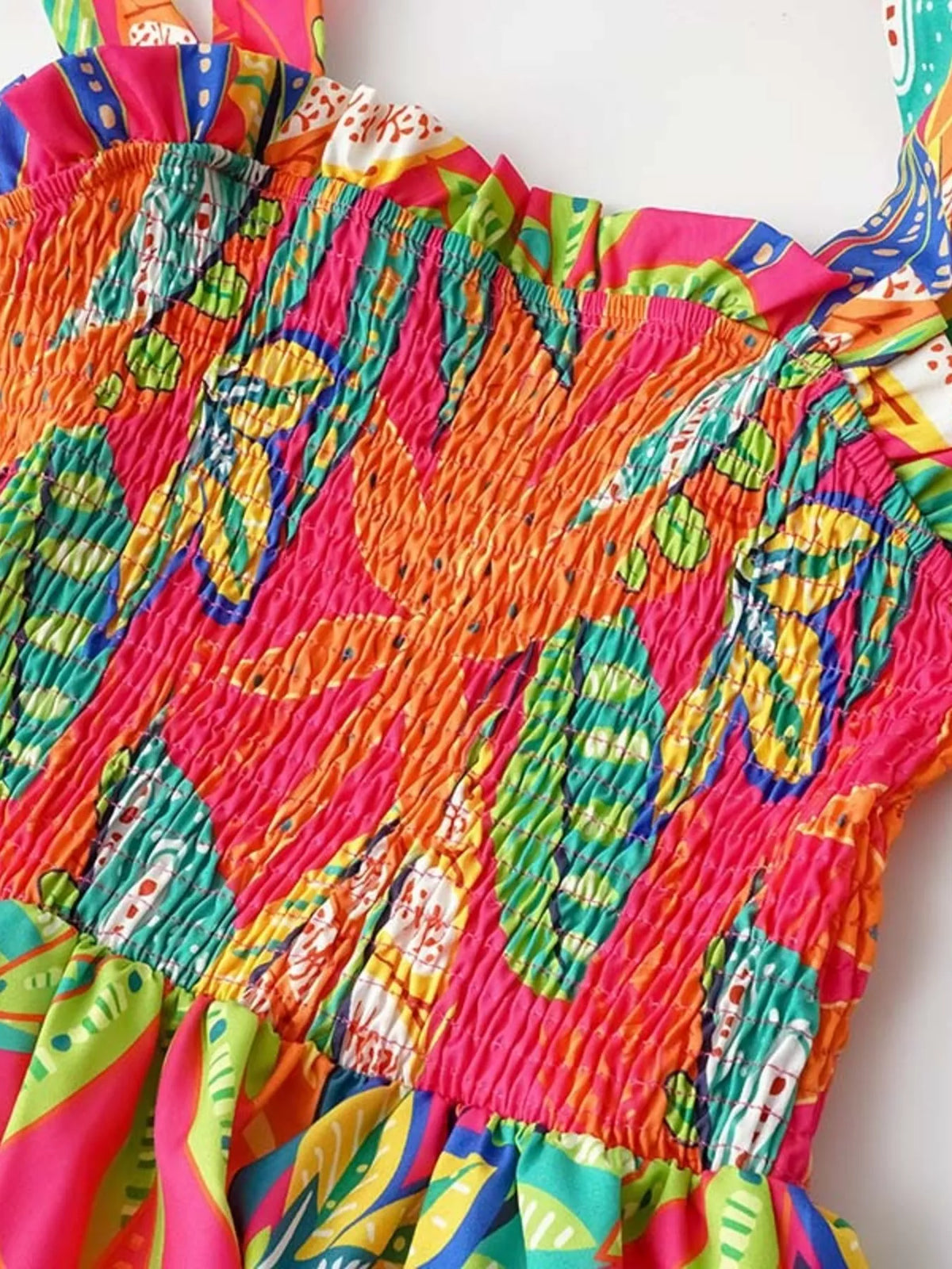 Tropical Print Smocked Tie-Strap Dress in Green